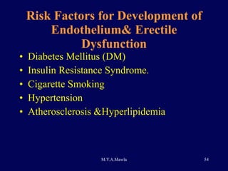 Risk Factors for Development of Endothelium& Erectile Dysfunction Diabetes Mellitus (DM)  Insulin Resistance Syndrome. Cigarette Smoking Hypertension Atherosclerosis &Hyperlipidemia 