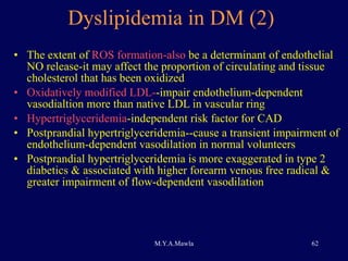 Dyslipidemia in DM (2)   The extent of  ROS formation-also  be a determinant of endothelial NO release-it may affect the proportion of circulating and tissue cholesterol that has been oxidized Oxidatively modified LDL- -impair endothelium-dependent vasodialtion more than native LDL in vascular ring  Hypertriglyceridemia -independent risk factor for CAD  Postprandial hypertriglyceridemia--cause a transient impairment of endothelium-dependent vasodilation in normal volunteers Postprandial hypertriglyceridemia is more exaggerated in type 2 diabetics & associated with higher forearm venous free radical & greater impairment of flow-dependent vasodilation 