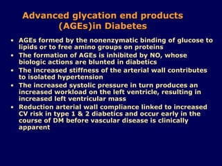 Advanced glycation end products (AGEs)in Diabetes AGEs formed by the nonenzymatic binding of glucose to lipids or to free amino groups on proteins The formation of AGEs is inhibited by NO, whose biologic actions are blunted in diabetics The increased stiffness of the arterial wall contributes to isolated hypertension The increased systolic pressure in turn produces an increased workload on the left ventricle, resulting in increased left ventricular mass Reduction arterial wall compliance linked to increased CV risk in type 1 & 2 diabetics and occur early in the course of DM before vascular disease is clinically apparent 