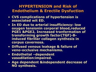 HYPERTENSION and Risk of Endothelium & Erectile Dysfuction CVS complications of hypertension is associated wit ED. In ED due to arterial insufficiency: low oxygen tensionin corporal blood,reduced PGE1 &PGE2, Increased tranformation of transforming growth factor(TGF)-B-induced fibrillar collagen synthesis in corpus cavernosa. Diffused venous leakage & failure of  veno-occlusive mechanisms. Endothelial –dependent vasodilation:impaired. Age dependent &independent decrease of NO synthesis. 