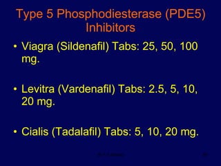 Type 5 Phosphodiesterase (PDE5) Inhibitors Viagra (Sildenafil) Tabs: 25, 50, 100 mg. Levitra (Vardenafil) Tabs: 2.5, 5, 10, 20 mg. Cialis (Tadalafil) Tabs: 5, 10, 20 mg. 