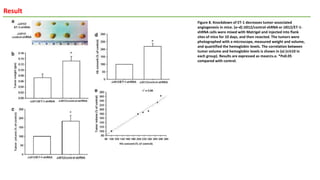 Result
Figure 8. Knockdown of ET-1 decreases tumor-associated
angiogenesis in mice. (a–d) JJ012/control-shRNA or JJ012/ET-1-
shRNA cells were mixed with Matrigel and injected into flank
sites of mice for 10 days, and then resected. The tumors were
photographed with a microscope, measured weight and volume,
and quantified the hemoglobin levels. The correlation between
tumor volume and hemoglobin levels is shown in (e) (n¼10 in
each group). Results are expressed as mean±s.e. *Po0.05
compared with control.
 