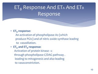  ETB response:
An activation of phospholipase A2 (which
produce PGI2) and of nitric oxide synthase leading
to vasodilation.
 ETA and ETB response:
Activation of protein kinase –c
through phospholipase C/DAG pathway .
leading to mitogenesis and also leading
to vasoconstriction.
ETB Response And ETA And ETB
Response
10
 