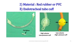 High volume
Low pressure cuff
Low volume
High pressure cuff
2) Material : Red rubber or PVC
3) Endotracheal tube cuff
endotracheal intubation/anesthesiology/184-244 21
 