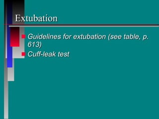 Extubation Guidelines for extubation (see table, p. 613) Cuff-leak test 