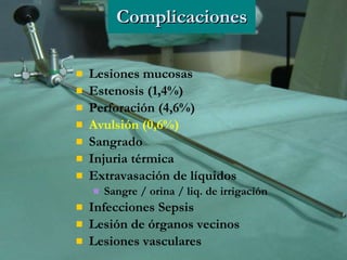 Complicaciones <ul><li>Lesiones mucosas  </li></ul><ul><li>Estenosis (1,4%) </li></ul><ul><li>Perforación (4,6%) </li></ul...
