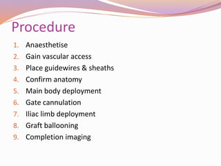 Procedure
1. Anaesthetise
2. Gain vascular access
3. Place guidewires & sheaths
4. Confirm anatomy
5. Main body deployment
6. Gate cannulation
7. Iliac limb deployment
8. Graft ballooning
9. Completion imaging
 