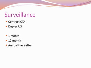 Surveillance
 Contrast CTA
 Duplex US
 1 month
 12 month
 Annual thereafter
 