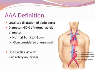 AAA Definition
 Localised dilatation of abdo aorta
 Diameter >50% of normal aortic
diameter
 Normal 2cm (1.4-3cm)
 >3cm considered aneurysmal
 Up to 40% assd with
iliac artery anuerysm
 