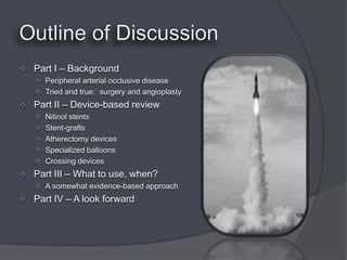    Part I – Background
     Peripheral arterial occlusive disease
     Tried and true: surgery and angioplasty
   Part II – Device-based review
     Nitinol stents
     Stent-grafts
     Atherectomy devices
     Specialized balloons
     Crossing devices
   Part III – What to use, when?
     A somewhat evidence-based approach
   Part IV – A look forward
 