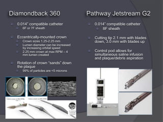    0.014” compatible catheter               0.014” compatible catheter
       6F or 7F sheath                         8F sheath

   Eccentrically-mounted crown              Cutting tip 2.1 mm with blades
       Crown sizes 1.25-2.25 mm              down, 3.0 mm with blades up
       Lumen diameter can be increased
        by increasing orbital speed
       2.25 mm crown at max RPM – 4         Control pod allows for
        mm lumen created                      simultaneous saline infusion
                                              and plaque/debris aspiration
   Rotation of crown “sands” down
    the plaque
       99% of particles are <5 microns
 
