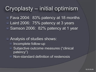  Fava 2004: 83% patency at 18 months
 Laird 2006: 75% patency at 3 years
 Samson 2006: 82% patency at 1 year


   Analysis of studies shows:
     Incomplete follow-up
     Subjective outcome measures (“clinical
      patency”)
     Non-standard definition of restenosis


                                               52,53,55,69
 