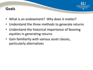 Goals
• What is an endowment? Why does it matter?
• Understand the three methods to generate returns
• Understand the historical importance of favoring
equities in generating returns
• Gain familiarity with various asset classes,
particularly alternatives
2
 