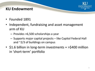 KU Endowment
• Founded 1891
• Independent, fundraising and asset management
arm of KU
– Provides >6,500 scholarships a year
– Supports major capital projects – like Capitol Federal Hall
and ~2/3 of buildings on campus
• $1.6 billion in long-term investments + >$400 million
in ‘short-term’ portfolio
3
 