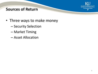 Sources of Return
• Three ways to make money
– Security Selection
– Market Timing
– Asset Allocation
8
 