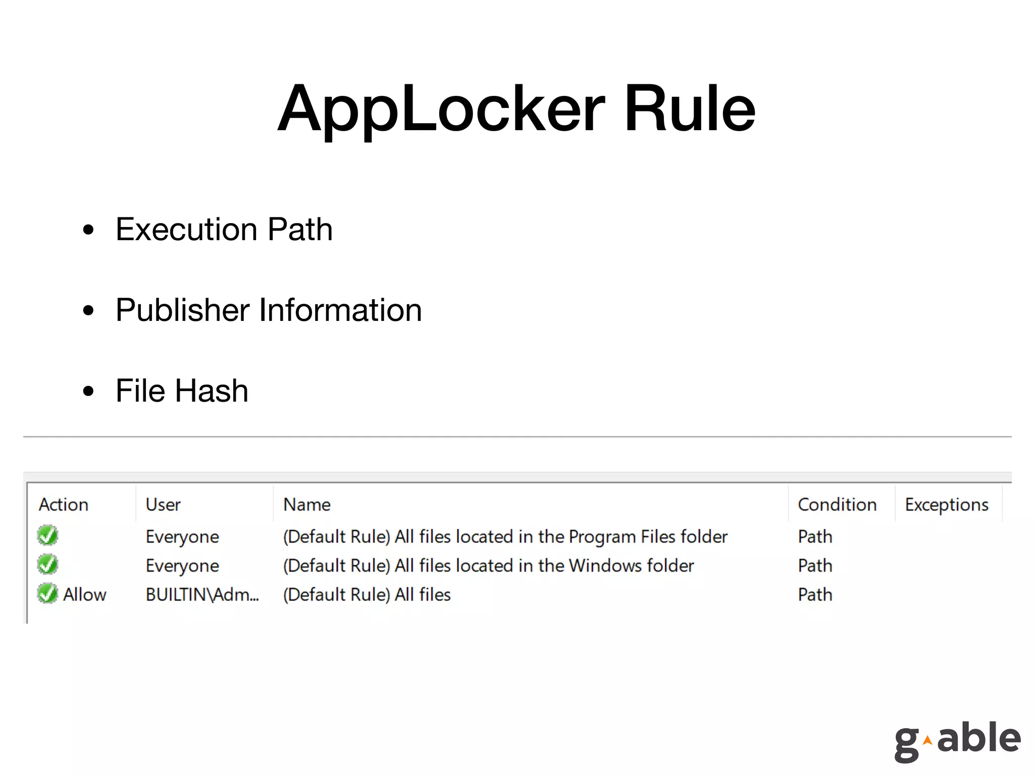 AppLocker Rule
• Execution Path

• Publisher Information

• File Hash
 