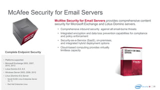 McAfee Security for Email Servers
29
McAfee Security for Email Servers provides comprehensive content
security for Microsoft Exchange and Lotus Domino servers.
• Comprehensive inbound security against all email-borne threats
• Integrated encryption and data loss prevention capabilities for compliance
and policy enforcement
• Security-as-a-Service (SaaS), on-premises,
and integrated hybrid deployment options
• Cloud-based computing provides virtually
limitless capacity
• Platforms supported:
• Microsoft Exchange 2003, 2007,
2010, 2013
• Lotus Domino 8.0, 8.5
• Windows Server 2003, 2008, 2012
• Linux (Domino 8.5) Server
• Novell SUSE Linux Enterprise Server
10, 11
• Red Hat Enterprise Linux
Complete Endpoint Security
 