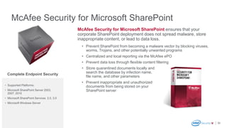 McAfee Security for Microsoft SharePoint
30
McAfee Security for Microsoft SharePoint ensures that your
corporate SharePoint deployment does not spread malware, store
inappropriate content, or lead to data loss.
• Prevent SharePoint from becoming a malware vector by blocking viruses,
worms, Trojans, and other potentially unwanted programs
• Centralized and local reporting via the McAfee ePO
• Prevent data loss through flexible content filtering
• Store quarantined documents locally and
search the database by infection name,
file name, and other parameters
• Prevent inappropriate and unauthorized
documents from being stored on your
SharePoint server
• Supported Platforms:
• Microsoft SharePoint Server 2003,
2007, 2010
• Microsoft SharePoint Services 2.0, 3.0
• Microsoft Windows Server
Complete Endpoint Security
 