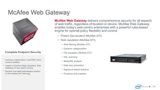McAfee Web Gateway
32
McAfee Web Gateway delivers comprehensive security for all aspects
of web traffic, regardless of location or device. McAfee Web Gateway
enables today’s web-centric enterprises with a powerful rules-based
engine for optimal policy flexibility and control.
• Protect Geo-location (McAfee GTI)
• Web reputation (McAfee GTI)
• Web filtering (McAfee GTI)
• Dynamic categorization
• File reputation (McAfee GTI)
• SSL scanning
• Media/file analysis
• Data loss prevention
• Signature-based antivirus
• Proactive anti-malware
• Common criteria EAL2+ and FIPS 140-2
Level 2-certified
• Leader in Gartner Magic Quadrant, Web
Gateway for four years running
• Number one-rated antimalware solution
on the market (AV-Test.org)
Complete Endpoint Security
 
