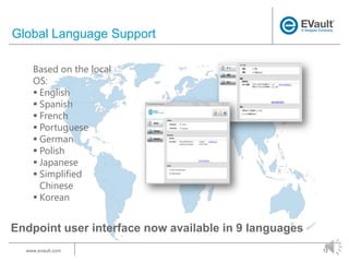 Global Language Support
Based on the local
OS:
 English
 Spanish
 French
 Portuguese
 German
 Polish
 Japanese
 Simplified
Chinese
 Korean

Endpoint user interface now available in 9 languages
www.evault.com

12

 