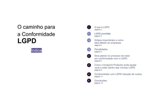 O caminho para
a Conformidade
LGPD
Índice
O que é LGPD
página 2
LGPD prontidão
página 3
Artigos importantes e como
eles afetam as empresas
página 4
Penalidades
página 5
Dois pilares no processo de estar
em conformidade com o LGPD
página 6
Como o Endpoint Protector pode ajudar
você a estar dentro das normas LGPD
página 8
Conformidade com LGPD redução de custos
página 11
Conclusões
página 12
1.
1.1
1.2
1.3
2.
3.
4.
5.
 