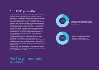 The road to GDPR compliance 3 // 12
1.1 LGPD prontidão
A partir da data de publicação da lei de número 13.709, as
empresas têm 18 meses para se adequarem as novas normativas.
Com a aprovação da LGDP, as empresas que processam e
armazenam as informações pessoais e dados sensíveis precisam
intensificar suas políticas de proteção de dados e tomar medidas
decisivas para alcançar a conformidade. Sob a nova legislação, as
organizações não terão mais o luxo de colocar a segurança de
dados em sua lista de prioridades baixas ou simular ignorância
sobre suas práticas de utilização desses dados. Todos serão
responsabilizados aos olhos da lei e terão que demonstrar sua
conformidade com os requisitos do LGDP às autoridades de
proteção de dados.
Um dos primeiros passos que as empresas devem dar nessa
direção é ter consciência da forma como os dados são
manipulados em suas organizações. Isto implica em uma profunda
compreensão dos direitos dos titulares de dados, bem como dos
princípios estipulados no LGDP relacionados ao processamento de
dados pessoais.
O objetivo deste white paper é ajudar a eliminar parte da pressão
das organizações, oferecendo diretrizes sobre táticas operacionais
para a preparação para a LGPD.
Apenas 26% das organizações mantêm
registros de processamento de dados e
transferências
Apenas 33% classificam os dados
e apenas 10% deles usam a
classificação automática de dados
Você já tem um plano
de açao?
 