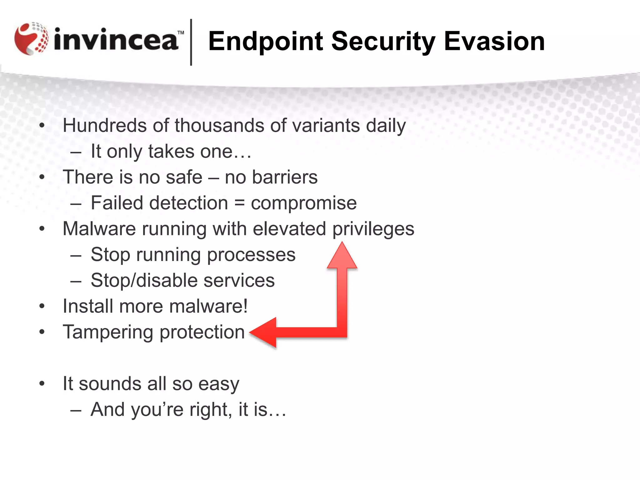 Endpoint Security Evasion
• Hundreds of thousands of variants daily
– It only takes one…
• There is no safe – no barriers
– Failed detection = compromise
• Malware running with elevated privileges
– Stop running processes
– Stop/disable services
• Install more malware!
• Tampering protection
• It sounds all so easy
– And you’re right, it is…
 