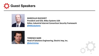 Guest Speakers
2
MARCELLUS BUCHHEIT
President and CEO, Wibu-Systems USA
Editor, Industrial Internet Consortium Security Fr...