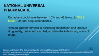 NATIONAL UNIVERSAL
PHARMACARE
Gagnon and Hebert, The Economic Case for Universal Pharmacare, CCPA, 2010
https://s3.amazonaws.com/policyalternatives.ca/sites/default/files/uploads/publications/National%20Office/201
0/09/Universal_Pharmacare.pdf
Canadians could save between 10% and 42%—up to $10.7
billion—of total drug expenditures.
“ensure greater fairness in accessing medication and improve
drug safety, but would also help contain the inflationary costs of
drugs.”
23
 