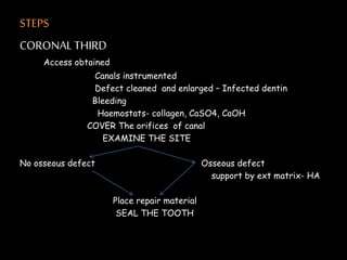 STEPS
CORONAL THIRD
Access obtained
Canals instrumented
Defect cleaned and enlarged – Infected dentin
Bleeding
Haemostats- collagen, CaSO4, CaOH
COVER The orifices of canal
EXAMINE THE SITE
No osseous defect Osseous defect
support by ext matrix- HA
Place repair material
SEAL THE TOOTH
 