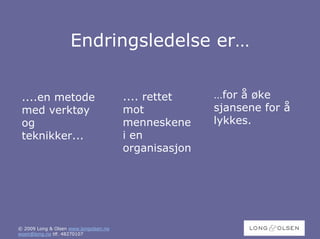 Endringsledelse er…


 ....en metode                         .... rettet    …for å øke
 med verktøy                           mot            sjansene for å
 og                                    menneskene     lykkes.
 teknikker...                          i en
                                       organisasjon




© 2009 Long & Olsen www.longolsen.no
woon@long.no tlf. 48270107
 