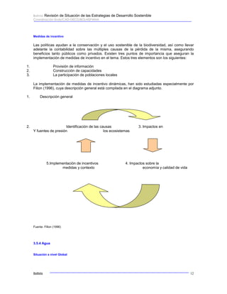 Bolivia: Revisión de Situación de las Estrategias de Desarrollo Sostenible 
Coordinación Ends/CAD-OECD/BOLHISPANIA 
Medidas de incentivo 
Las políticas ayudan a la conservación y el uso sostenible de la biodiversidad, así como llevar 
adelante la contabilidad sobre las múltiples causas de la pérdida de la misma, asegurando 
beneficios tanto públicos como privados. Existen tres puntos de importancia que aseguran la 
implementación de medidas de incentivo en el tema. Estos tres elementos son los siguientes: 
1. Provisión de información 
2. Construcción de capacidades 
3. La participación de poblaciones locales 
La implementación de medidas de incentivo dinámicas, han sido estudiadas especialmente por 
Filion (1996), cuya descripción general está compilada en el diagrama adjunto. 
1. Descripción general 
2. Identificación de las causas 3. Impactos en 
Y fuentes de presión los ecosistemas 
5.Implementación de incentivos 4. Impactos sobre la 
medidas y contexto economía y calidad de vida 
Fuente: Fillon (1996) 
3.5.4 Agua 
Situación a nivel Global 
Bolivia 12 
 