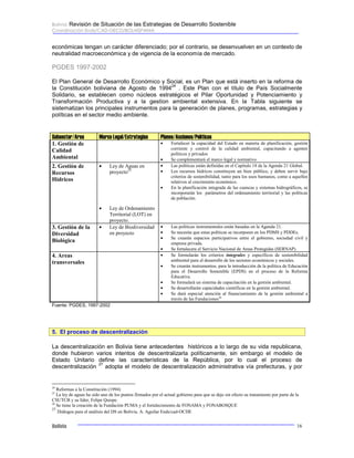 Bolivia: Revisión de Situación de las Estrategias de Desarrollo Sostenible 
Coordinación Ends/CAD-OECD/BOLHISPANIA 
económicas tengan un carácter diferenciado; por el contrario, se desenvuelven en un contexto de 
neutralidad macroeconómica y de vigencia de la economía de mercado. 
PGDES 1997-2002 
El Plan General de Desarrollo Económico y Social, es un Plan que está inserto en la reforma de 
la Constitución boliviana de Agosto de 199424 . Este Plan con el título de País Socialmente 
Solidario, se establecen como núcleos estratégicos el Pilar Oportunidad y Potenciamiento y 
Transformación Productiva y a la gestíon ambiental extensiva. En la Tabla siguiente se 
sistematizan los principales instrumentos para la generación de planes, programas, estrategias y 
políticas en el sector medio ambiente. 
Subsector/Area Marco Legal/Estrategias Planes/Acciones/Políticas 
1. Gestión de 
Calidad 
Ambiental 
• Fortalecer la capacidad del Estado en materia de planificación, gestión 
corriente y control de la calidad ambiental, capacitando a agentes 
políticos y privados 
• Se complementará el marco legal y normativo 
2. Gestión de 
Recursos 
Hídricos 
• Ley de Aguas en 
proyecto25 
• Ley de Ordenamiento 
Territorial (LOT) en 
proyecto. 
• Las políticas están definidas en el Capítulo 18 de la Agenda 21 Global. 
• Los recursos hídricos constituyen un bien público, y deben servir bajo 
criterios de sostenibilidad, tanto para los usos humanos, como a aquellos 
relativos al crecimiento económico. 
• En la planificación integrada de las cuencas y sistemas hidrográficos, se 
incorporarán los parámetros del ordenamiento territorial y las políticas 
de población. 
3. Gestión de la 
Diversidad 
Biológica 
• Ley de Biodiversidad 
en proyecto 
• Las políticas instrumentales están basadas en la Agenda 21. 
• Se necesita que estas políticas se incorporen en los PDMS y PDDEs. 
• Se crearán espacios participativos entre el gobierno, sociedad civil y 
empresa privada. 
• Se fortalecera el Servicio Nacional de Areas Protegidas (SERNAP) 
4. Areas 
transversales 
• Se formularán los criterios integrales y específicos de sostenibilidad 
ambiental para el desarrollo de los sectores económicos y sociales. 
• Se crearán instrumentos, para la introducción de la política de Educación 
para el Desarrollo Sostenible (EPDS) en el proceso de la Reforma 
Educativa. 
• Se formulará un sistema de capacitación en la gestión ambiental. 
• Se desarrollarán capacidades científicas en la gestión ambiental. 
• Se dará especial atención al financiamiento de la gestión ambiental a 
través de las Fundaciones26 
Fuente: PGDES, 1997-2002 
5. El proceso de descentralización 
La descentralización en Bolivia tiene antecedentes históricos a lo largo de su vida republicana, 
donde hubieron varios intentos de descentralizarla políticamente, sin embargo el modelo de 
Estado Unitario define las características de la República, por lo cual el proceso de 
descentralización 27 adopta el modelo de descentralización administrativa vía prefecturas, y por 
24 Reformas a la Constitución (1994) 
25 La ley de aguas ha sido uno de los puntos firmados por el actual gobierno para que se deje sin efecto su tratamiento por parte de la 
CSUTCB y su líder, Felipe Quispe. 
26 Se tiene la creación de la Fundación PUMA y el fortalecimiento de FONAMA y FONABOSQUE 
27 Diálogos para el análisis del DS en Bolivia. A. Aguilar Ends/cad-OCDE 
Bolivia 16 
 