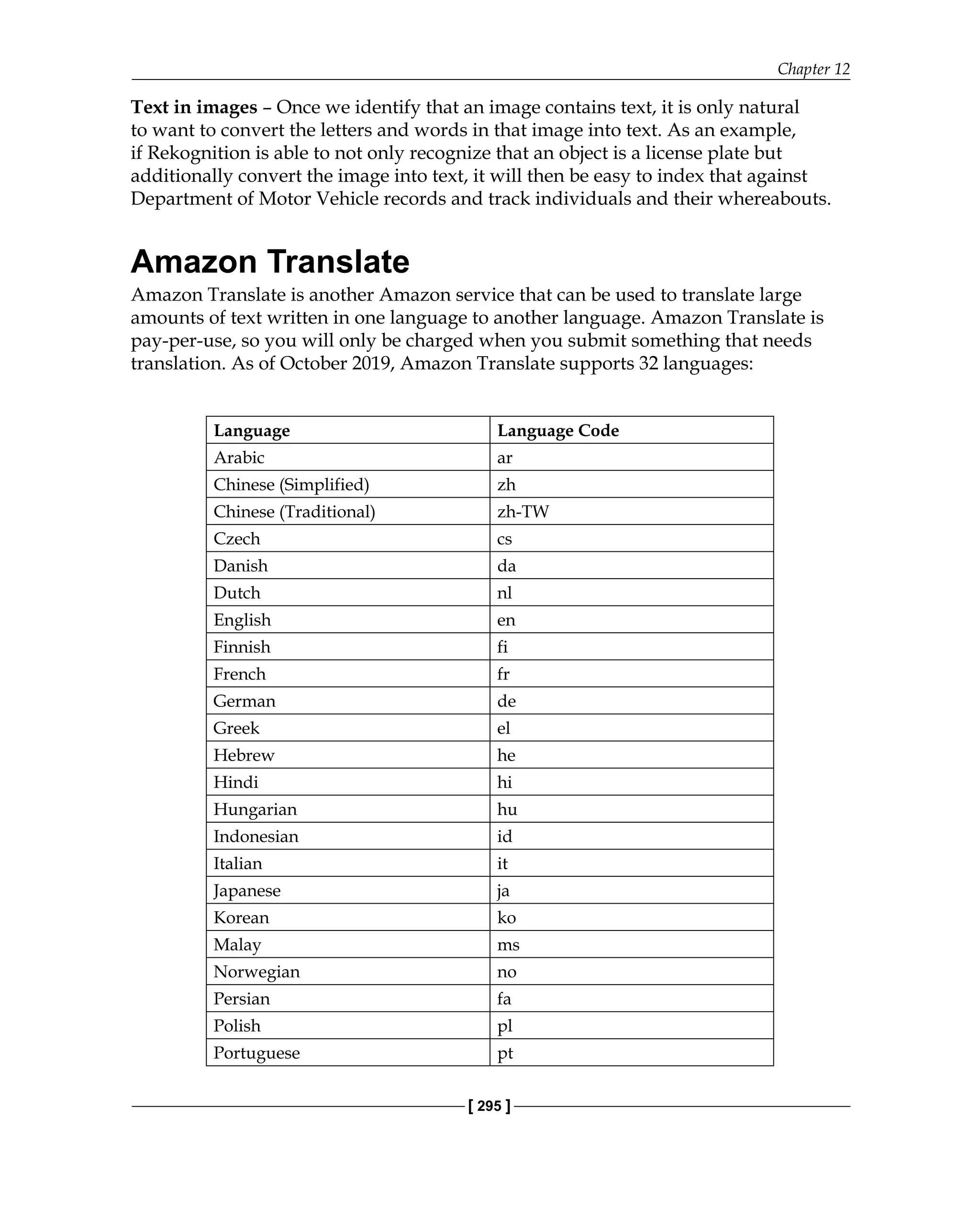 Chapter 12
[ 295 ]
Text in images – Once we identify that an image contains text, it is only natural
to want to convert the letters and words in that image into text. As an example,
if Rekognition is able to not only recognize that an object is a license plate but
additionally convert the image into text, it will then be easy to index that against
Department of Motor Vehicle records and track individuals and their whereabouts.
Amazon Translate
Amazon Translate is another Amazon service that can be used to translate large
amounts of text written in one language to another language. Amazon Translate is
pay-per-use, so you will only be charged when you submit something that needs
translation. As of October 2019, Amazon Translate supports 32 languages:
Language Language Code
Arabic ar
Chinese (Simplified) zh
Chinese (Traditional) zh-TW
Czech cs
Danish da
Dutch nl
English en
Finnish fi
French fr
German de
Greek el
Hebrew he
Hindi hi
Hungarian hu
Indonesian id
Italian it
Japanese ja
Korean ko
Malay ms
Norwegian no
Persian fa
Polish pl
Portuguese pt
 