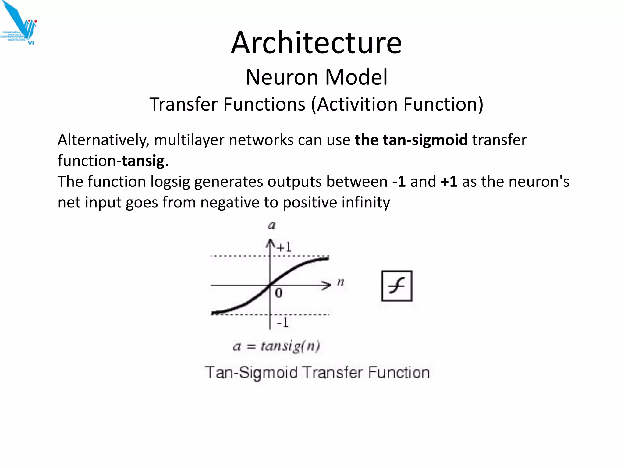 Architecture
Neuron Model
Transfer Functions (Activition Function)
Alternatively, multilayer networks can use the tan-sigmoid transfer
function-tansig.
The function logsig generates outputs between -1 and +1 as the neuron's
net input goes from negative to positive infinity
 