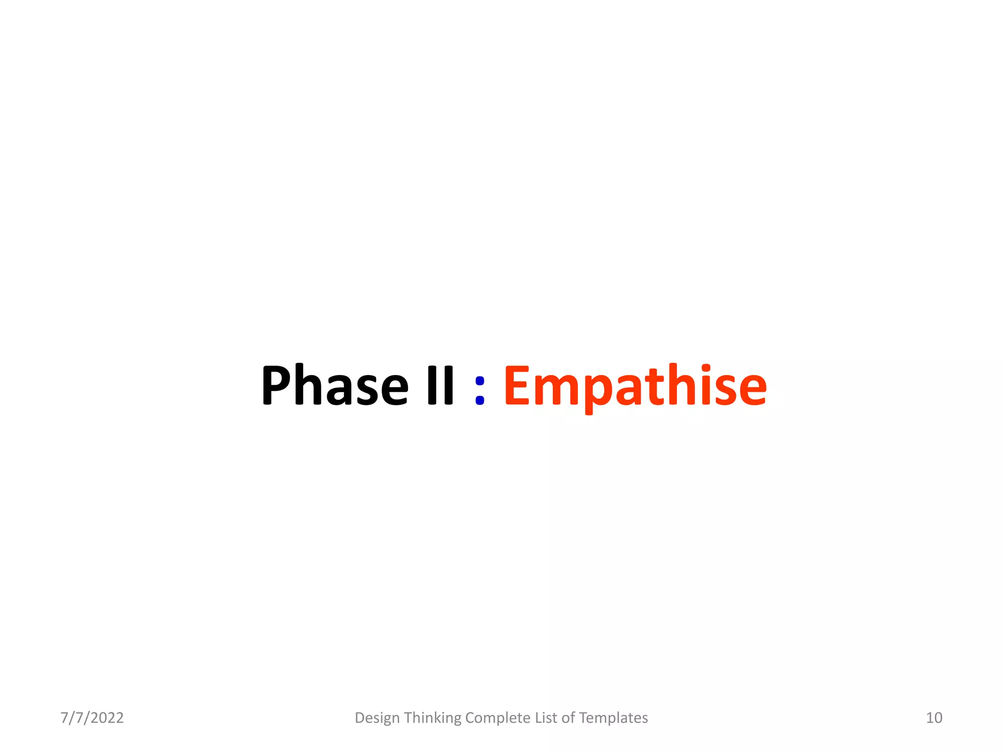 Phase II : Empathise
7/7/2022 Design Thinking Complete List of Templates 10
 