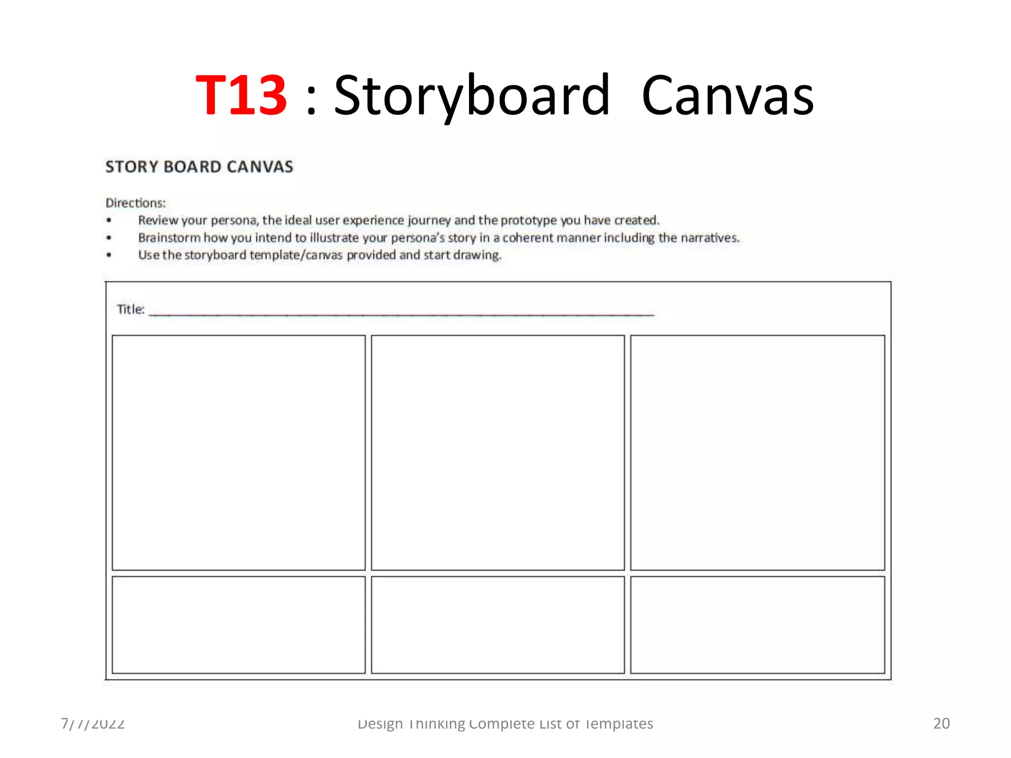 T13 : Storyboard Canvas
7/7/2022 Design Thinking Complete List of Templates 20
 