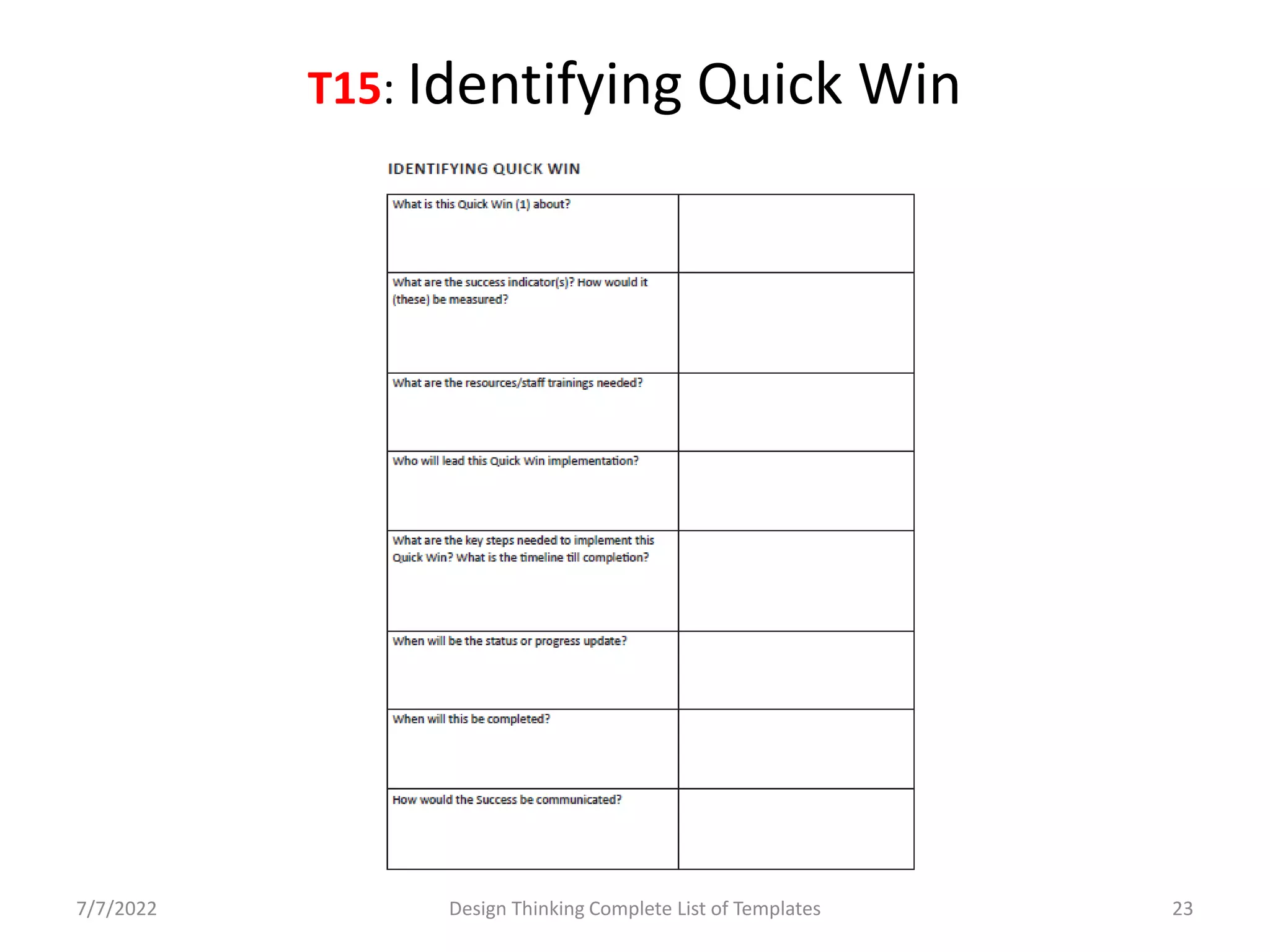 T15: Identifying Quick Win
7/7/2022 Design Thinking Complete List of Templates 23
 