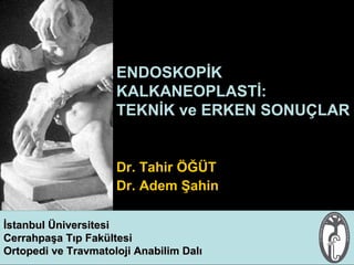 ENDOSKOPİK
                          KALKANEOPLASTİ:
                          TEKNİK ve ERKEN SONUÇLAR


                          Dr. Tahir ÖĞÜT
                          Dr. Adem Şahin

İstanbul Üniversitesi
Cerrahpaşa Tıp Fakültesi
Ortopedi ve Travmatoloji Anabilim Dalı
                   ENDOSKOPİK KALKANEOPLASTİ
ÖĞÜT, T. & Şahin, A.   ENDOSKOPİK KALKANEOPLASTİ   XX. MİLLİ KONGRE ANKARA 2007
 