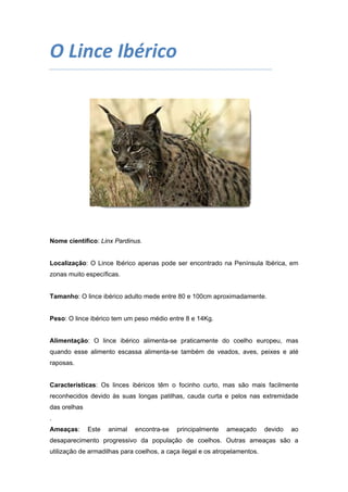 O Lince Ibérico 
 

Nome científico: Linx Pardinus.

Localização: O Lince Ibérico apenas pode ser encontrado na Península Ibérica, em
zonas muito específicas.

Tamanho: O lince ibérico adulto mede entre 80 e 100cm aproximadamente.

Peso: O lince ibérico tem um peso médio entre 8 e 14Kg.

Alimentação: O lince ibérico alimenta-se praticamente do coelho europeu, mas
quando esse alimento escassa alimenta-se também de veados, aves, peixes e até
raposas.

Características: Os linces ibéricos têm o focinho curto, mas são mais facilmente
reconhecidos devido às suas longas patilhas, cauda curta e pelos nas extremidade
das orelhas
.
Ameaças:

Este

animal

encontra-se

principalmente

ameaçado

devido

ao

desaparecimento progressivo da população de coelhos. Outras ameaças são a
utilização de armadilhas para coelhos, a caça ilegal e os atropelamentos.

 