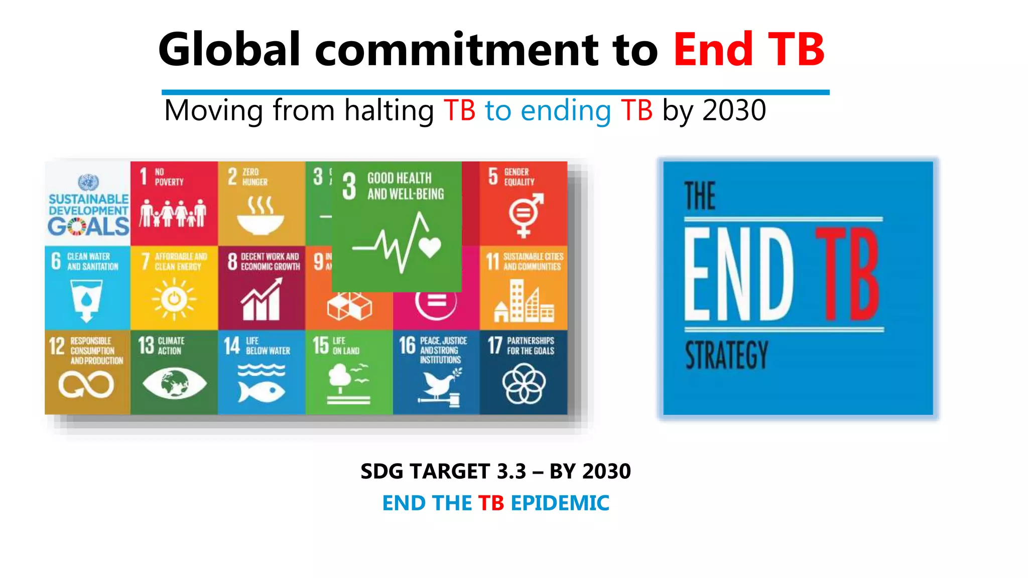 Moving from halting TB to ending TB by 2030
SDG TARGET 3.3 – BY 2030
END THE TB EPIDEMIC
Global commitment to End TB
 