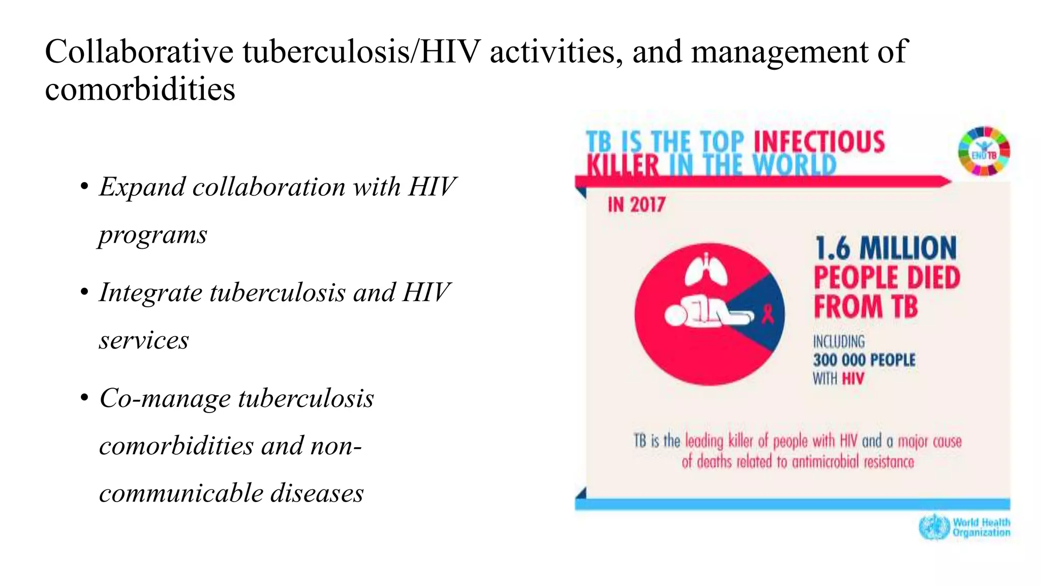 Collaborative tuberculosis/HIV activities, and management of
comorbidities
• Expand collaboration with HIV
programs
• Integrate tuberculosis and HIV
services
• Co-manage tuberculosis
comorbidities and non-
communicable diseases
 