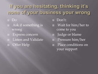    Do:                      Don’t:
   Ask if something is       Wait for him/her to
    wrong                     come to you
   Express concern           Judge or blame
   Listen and Validate       Pressure him/her
   Offer Help                Place conditions on
                              your support
 