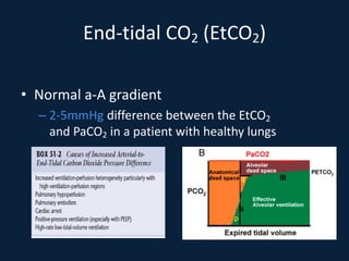 End-tidal CO2 (EtCO2)
• Normal a-A gradient
– 2-5mmHg difference between the EtCO2
and PaCO2 in a patient with healthy lungs
 