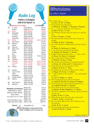 j/a 00 mag

1/23/01

2:39 PM

Page 13

Whetstone
by John L. Bryant

Radio Log
Politics & Religion
with Irvin Baxter Jr.
Red indicates new or change
AR
Ft. Smith
KFSA 950 AM
Waldron
KRWA 103.1 FM
GA
Macon
WBML 900 AM
IN
Indianapolis
WXLW 950 AM
Ft. Wayne
WLYV 1450 AM
Richmond
WHON 930 AM
South Bend
WHME 103.1 FM
KS
Wichita
KSRX 1360 AM
LA
New Orleans
WLNO 1060 AM
MD
Baltimore
WBMD 750 AM
Denton
WKDI 840 AM
MA
Worcester
WCRN 830 AM
MI
Battle Creek
WOLY 1500 AM
Detroit
WLQV 1500 AM
Lansing
WLCM 1390 AM
Flint
WSNL 600 AM
NC
Durham
WFTK 1030 AM
NE
Omaha
KCRO 660 AM
OH
Columbus
WVKO 1580 AM
OK
Muskogee
KMUS 1380 AM
Claremore
KMYZ 1570 AM
Tulsa
KTRT 1270 AM
OR
Portland
KKSL 1290 AM
KPBC 1640 AM
TN
Memphis
KSUD 730 AM
TX
Corpus Christi
KCTA 1030 AM
Dallas
KVTT 91.7 FM
Daingerfield
KEGG 91.99 FM
VA
Hampton Roads
WPMH 1010 AM
WA
Spokane
KTRW 970 AM
KTRW 96.9 FM
WV
Point Pleasant
WBGS 1030 AM
WI
Milwaukee
WEMP 1250 AM
WHRI 6.040
WHRA 17.650
WHRI 5.745
WHRI 9.495
WHRA 7.580
Times shown are for U.S. Eastern WHRI 5.745
WHRI 7.315
Pacific Rim Nations: China, KWHR 9.930
Japan, India, New Zealand KWHR 17.780

Worldwide via Shortwave
North America, South
America, Europe, Russia,
Africa, Israel

Internet

*Live Broadcast
3:00 pm*
3:00 pm*
6:00 pm
2:00 pm
3:00 pm*
2:05 pm
4:00 pm
4:00 & 10:30 pm
3:00 pm*
11:15 am
11:00 am
4:00 pm*
4:00 pm*
6:00 pm
4:00 pm*
11:00 pm
10:30 & 4:15 pm
3:00 pm*
9:00 pm
4:00 & 10:30 pm
4:00 & 10:30 pm
4:00 & 10:30 pm
1:00 pm*
1:00 pm*
9:00 am
4:00 pm
3:00 pm*
11:00 am
3:30 pm
3:00 pm
3:00 pm
8:00 am
5:00 pm
9:00 am
2:00 pm
4:00 pm*
4:00 pm*
7:00 pm
11:00 pm
11:00 pm
0800 UTC
0200 UTC

www.endtime.com

24 hrs.

Call 1-800-Endtime to find out how to get
Politics & Religion on the air in your city.

1.Be ye angry, and ____ not.
A. Curse B. Sin C. Defile
2. Paul sent him into Macedonia.
A. Philemon B. Philip C. Timotheus (Timothy)
3. In ____ season we shall reap, if we faint not.
A. Rainy B. Dry C. Due
4. This disciple told Jesus that He shalt never wash his
feet.
A. Peter B. James C. John
5. He persecuted the church, then later, became an
apostle.
A. Philip B. Paul C. Barnabas
6. One of the Hebrew children delivered from the fiery
furnace.
A. Daniel B. Abed-nego C. David
7. A son of David, renowned for his beauty.
A. Absalom B. Solomon C. Amnon
8. Goliath died by being hit in the ____ with a stone.
A. Throat B. Chest C. Forehead
9. The common title of kings of Egypt.
A. Pharaoh B. Tsar C. Emir
10. This person aided Naaman in securing his health.
A. Gehazi B. A little maid C. Syrian doctor
11. Christ shed this for the remission of sins.
A. Blood B. Sweat C. Tears
12. The Ethiopian eunuch was riding in this vehicle.
A. Wagon B. Ox-cart C. Chariot
13. … Man looketh on the outward … the Lord looketh
on what?
A. Liver B. Kidney C. Heart
14. This husband-wife team labored with Paul.
A. Aquila & Priscilla B. Ananias & Sapphira
15. The woman who touched Christ’s garment was ____ .
A. Scolded B. Healed C. Shocked
16. Seven devils were cast out of this woman.
A. Martha B. Mary Magdalene C. Salome
17. The devil is depicted as this animal, seeking whom he
may devour.
A. Bear B. Fox C. Lion
18. When Moses smote the rock, what came forth?
A. Water B. Fire C. Iron Ore
19. He was greatly afflicted, his wife told him to curse
God and die.
A. Job B. Lot C. Jacob
20. This great king made musical instruments.
A. Saul B. David C. Josiah

Answers on page 31

E-mail: endtime@endtime.com, Website: http://www.endtime.com

JULY/AUGUST 2000endtime

13

 