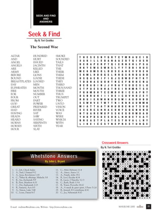 m/j 00 mag

1/24/01

9:58 AM

Page 31

SEEK AND FIND
AND
ANSWERS

Seek & Find
By N. Teri Grottke

The Second Woe
ALTAR
AND
ANGEL
ANGELS
ARE
ARMY
BEFORE
BOUND
BREASTPLATES
DAY
EUPHRATES
FIRE
FOR
FOUR
FROM
GOD
GREAT
HAD
HAVING
HEADS
HEARD
HORNS
HORSES
HOUR

HUNDRED
HURT
ISSUED
JACINTH
KILLED
LIKE
LIONS
LOOSE
LOOSED
MEN
MONTH
MOUTH
NUMBER
OUT
PART
POWER
PREPARED
RIVER
SAT
SAW
SAYING
SERPENTS
SIXTH
SLAY

SMOKE
SOUNDED
TAILS
THAT
THE
THEIR
THEM
THESE
THEY
THIRD
THOUSAND
THREE
THUS
TRUMPET
TWO
UNTO
VISION
VOICE
WAS
WERE
WHICH
WITH
YEAR

0
1
2
3
4
5
6
7
8
9
0

T
X
D
H
M
E
H
T
B
E
F
O
R
E
M
E
N
Y
B
L

H
A
E
K
E
K
S
D
E
T
G
S
B
S
I
X
T
H
R
I

E
K
R
Y
K
M
Q
D
R
P
H
N
U
W
A
S
U
D
E
K

S
I
A
E
O
L
A
N
A
U
M
R
I
H
T
R
A
P
A
E

E
L
P
W
M
H
E
A
D
E
O
U
E
V
T
C
R
D
S
I

S
L
E
S
S
D
R
S
I
S
H
H
R
E
A
S
E
S
T
C

N
E
R
S
O
O
I
U
N
H
T
I
W
T
A
H
W
D
P
C

Y
D
P
W
L
G
F
O
J
H
C
I
H
W
T
H
O
E
L
S

G
A
T
H
O
E
I
H
J
A
C
I
N
T
H
A
P
S
A
T

R
N
Q
S
O
L
G
T
V
T
M
O
U
T
H
E
S
O
T
N

T
A
I
L
S
R
J
N
R
H
D
E
D
N
U
O
S
O
E
E

C
A
E
Y
E
R
S
C
A
E
V
I
S
I
O
N
K
L
S
P

Y
Z
R
Y
A
G
O
E
Y
I
O
C
W
R
D
Y
E
H
T
R

M
O
N
T
H
S
W
F
S
R
I
U
I
N
E
G
G
H
H
E

R
T
X
D
E
R
D
N
U
H
C
V
A
R
N
Q
D
O
V
S

A
Q
H
B
V
R
F
R
O
M
E
R
U
A
A
G
R
E
A
T

U
I
L
I
V
O
H
H
C
R
A
O
O
U
T
N
W
T
L
U

E
U
P
H
R
A
T
E
S
T
F
Z
H
W
S
H
D
E
L
H

I
S
S
U
E
D
K
N
L
S
R
E
B
M
U
N
A
A
R
G

D
R
A
E
H
D
T
A
U
X
T
T
D
N
U
O
B
T
Y
E

Crossword Answers
By N. Teri Grottke

Whetstone Answers
By John L. Bryant
1.
2.
3.
4.
5.
6.
7.
8.
9.
10.

C., Job, Check Index
A., Saul, I Samuel 9:2
A., Jesus, Revelation 1:18
C., Tithes & offerings, Malachi 3:8
B., Ass, Zechariah 9:9
B., First, Matthew 6:33
C., Dry, Zephaniah 2:13
B., Samaria, Acts 8:5
A., Simon, Luke 7:40
C., Lions, Daniel 6:7

11.
12.
13.
14.
15.
16.
17.
18.
19.
20.

C., Abel, Hebrews 11:4
A., Amos, Amos 1:1
A., Purple, John 19:2
B., Levi, Exodus 4:14
B., Lucre, I Timothy 3:2-3
C., Ruth, Ruth 1:3-4
B., Tower, Proverbs 18:10
A., A meek & quiet spirit, I Peter 3:1,4
B., Inward, II Corinthians 4:16
C., Joy, Nehemiah 8:10

E-mail: endtime@endtime.com, Website: http://www.endtime.com

I N
A
I T
16
I
M O
N
28
S
S
A L
N
D I
Y 47
52
T
B
E R
L 57
O N
V
E
D O

F O R M E D
N
O
E
S
W O R S
17
A
N
O
N T H S
L
25
A
T A
29
O D D 30 T
33
B
D I
L
C
O
A B O M I N
40
S 44 N
S
P 48 S A P 49
H O U 53 E
E
M A O C
M
M
P
I S A
L
E 67 T H E R
I
S
C O M M A
N
G
Y
9

T H R
11
O
H I P P
19
O
22
P U L
B E R N
A P E
D
D E
11

A T
O
A
T H
H
E
R
E F
I
N D
J

E
V
E
R
L
A
S
T
I
I O N
R
G
50
U
I N G
L 55
B E G
A
O R E
N
M E N
D

E S C O R
B
O
D
G A V
20
T I
O
23
V
W
C L E S
28
O
U
E R M I N
39
D
D
S
G R E
46
D O
R
A
U S
S
C
T
A
O
A
I N N I N
S 65 D
D
A I
I
D W E
T
E
G
D R A G

MAY/JUNE 2000endtime

E
W E
E
F
O
U
N
E D
40
A
A T
I
O
E N
S
G
H
I
L L
E
O N

31

 