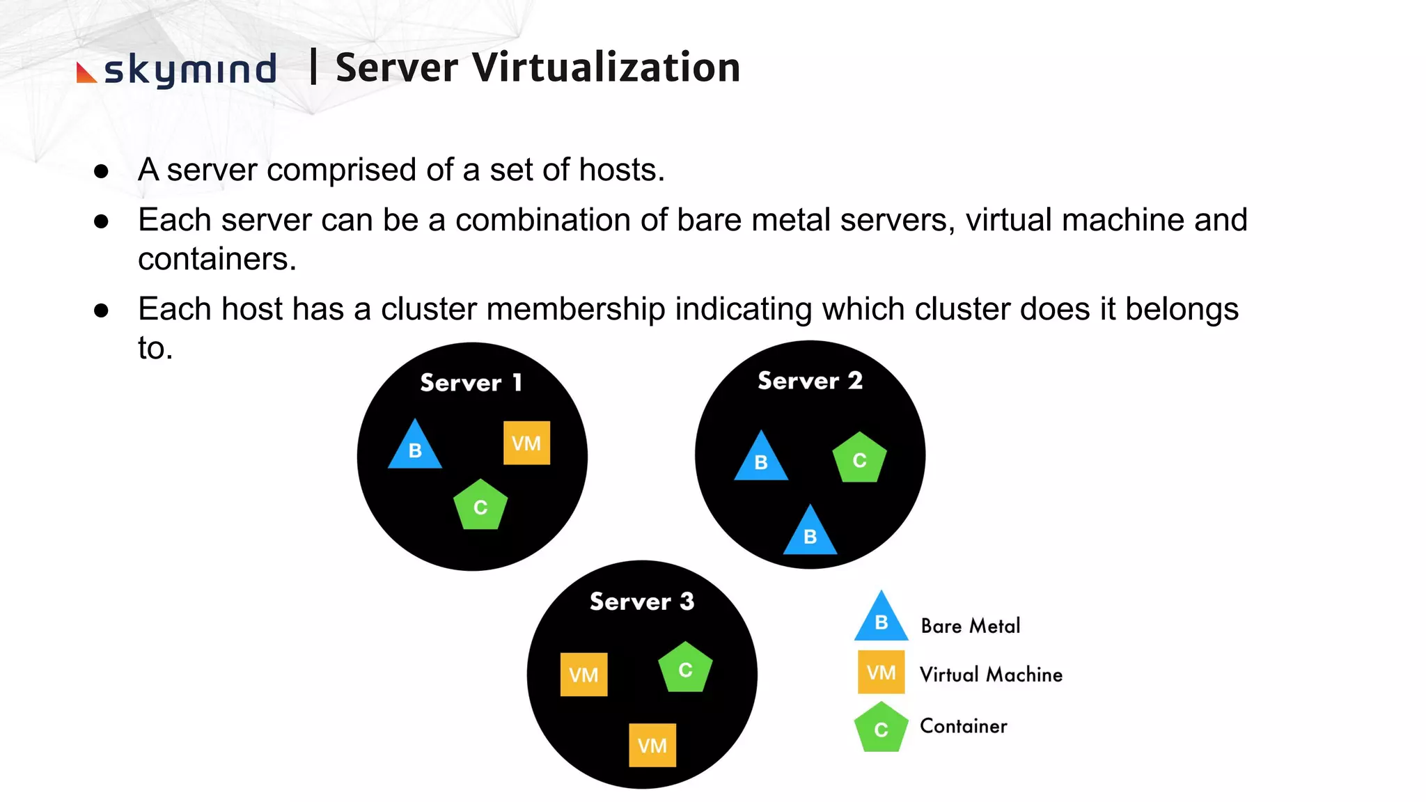 ● A server comprised of a set of hosts.
● Each server can be a combination of bare metal servers, virtual machine and
containers.
● Each host has a cluster membership indicating which cluster does it belongs
to.
| Server Virtualization
 