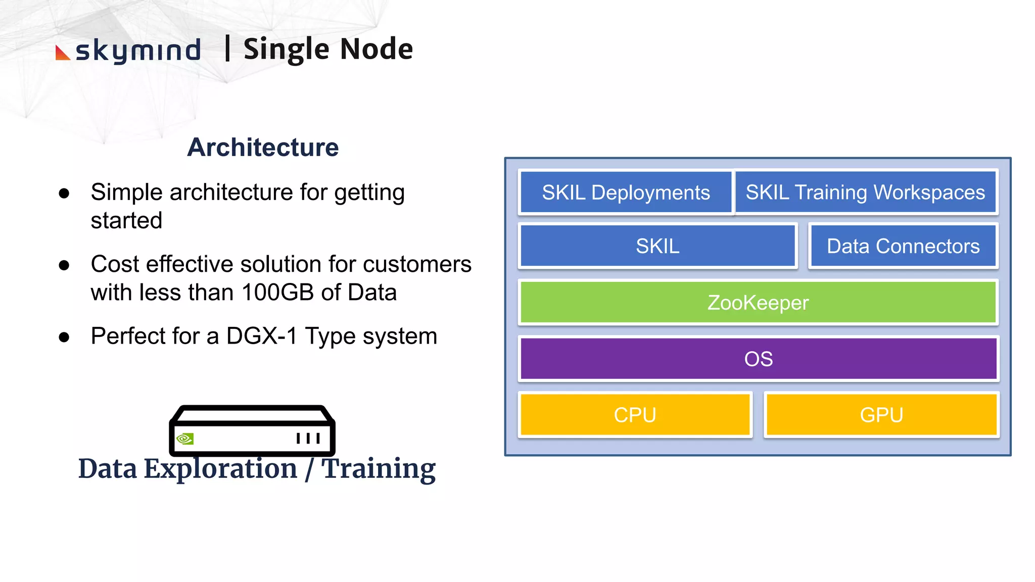 Architecture
● Simple architecture for getting
started
● Cost effective solution for customers
with less than 100GB of Data
● Perfect for a DGX-1 Type system
CPU
OS
GPU
ZooKeeper
SKIL Training WorkspacesSKIL Deployments
Data Exploration / Training
SKIL Data Connectors
| Single Node
 