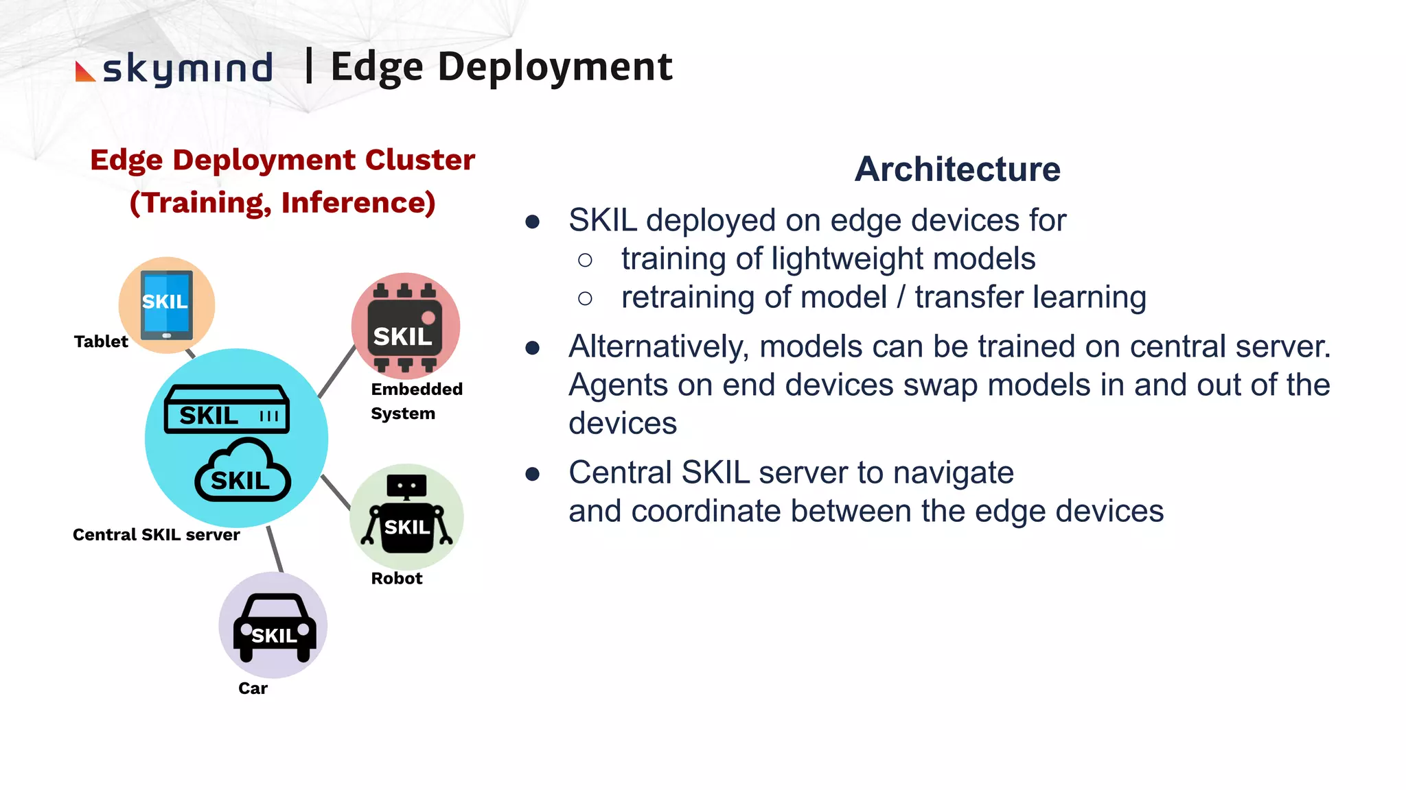 Edge Deployment Cluster
(Training, Inference)
| Edge Deployment
Embedded
System
Architecture
● SKIL deployed on edge devices for
○ training of lightweight models
○ retraining of model / transfer learning
● Alternatively, models can be trained on central server.
Agents on end devices swap models in and out of the
devices
● Central SKIL server to navigate
and coordinate between the edge devices
SKIL
SKIL
SKIL
Central SKIL server
Robot
SKIL
Tablet
SKIL
Car
SKIL
 