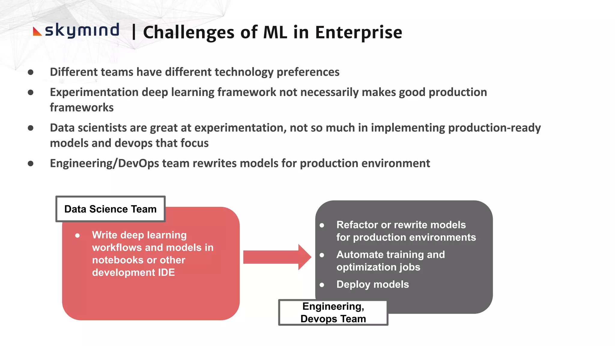 | Challenges of ML in Enterprise
● Different teams have different technology preferences
● Experimentation deep learning framework not necessarily makes good production
frameworks
● Data scientists are great at experimentation, not so much in implementing production-ready
models and devops that focus
● Engineering/DevOps team rewrites models for production environment
Engineering,
Devops Team
Data Science Team
● Write deep learning
workflows and models in
notebooks or other
development IDE
● Refactor or rewrite models
for production environments
● Automate training and
optimization jobs
● Deploy models
 